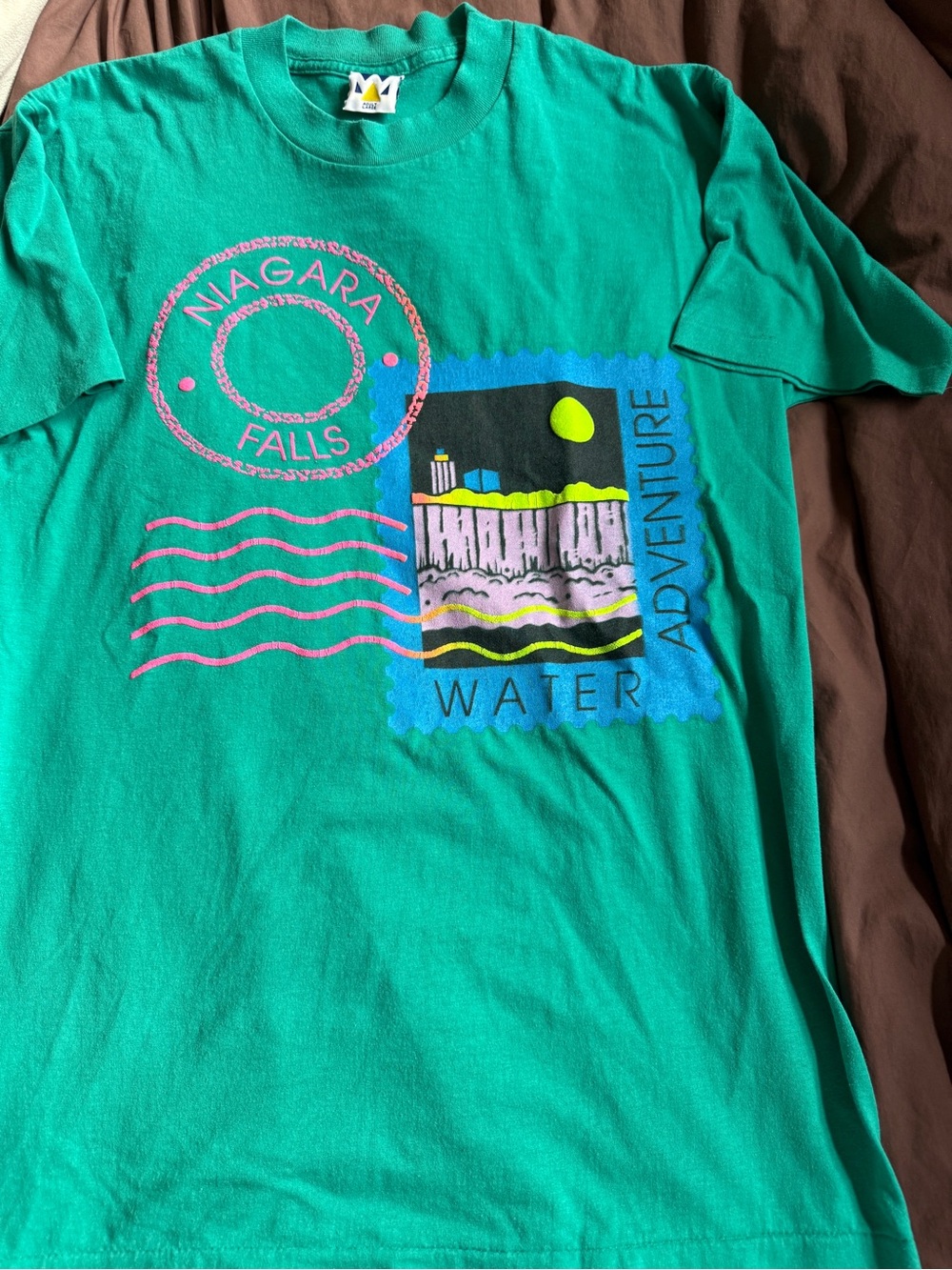 Vintage Wellington Apparel Niagara Falls Graphic Tee in Teal with Neon Accents